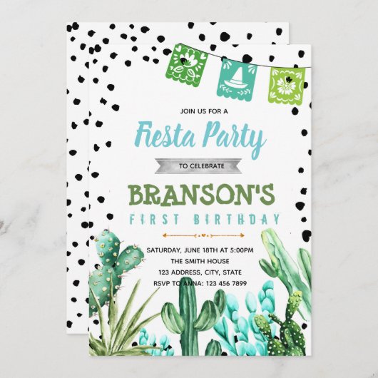 サボテンのフェスタの男の子のベビーの誕生日の招待 招待状 (正面/裏面)