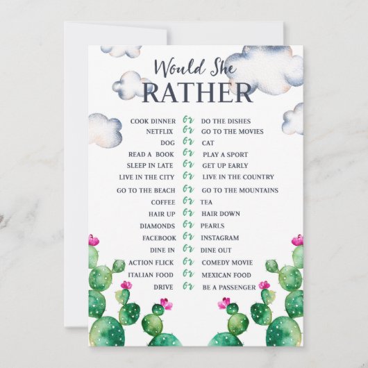 サボテンのブライダルシャワーは彼女はむしろゲームのカードだろう 招待状 (正面)