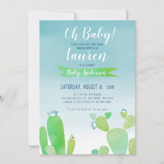 サボテンのベビーシャワー水色の男の子- Boho青い5X7 招待状 (正面)