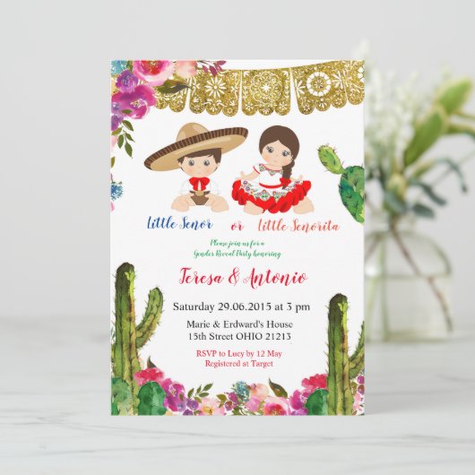 サボテンのメキシコのジェンダーが赤ちゃんのシャワーを明らかにする 招待状 (スタンド正面)