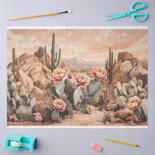 サボテンの切り離しが咲く砂漠の風景 薄葉紙 (クラフト)