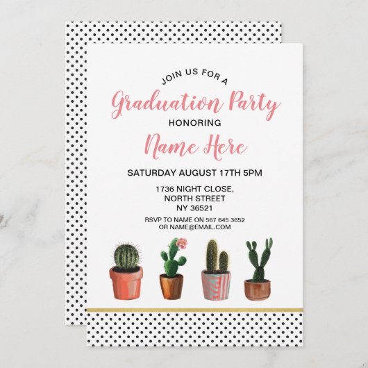 サボテンの卒業パーティーの金ゴールドのサボテンのかわいらしい招待 招待状 (正面/裏面)