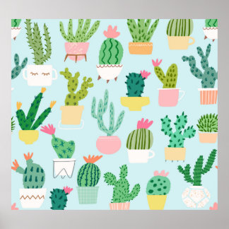 サボテンの多様性、ヴィンテージのシームレスな背景。 ポスター