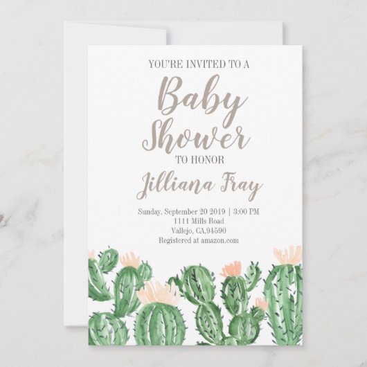 サボテンの多汁のかわいいベビーシャワー招待状 招待状 (正面)