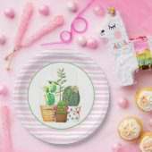サボテンの多肉質ストライプのピンクと白の ペーパープレート (パーティー)