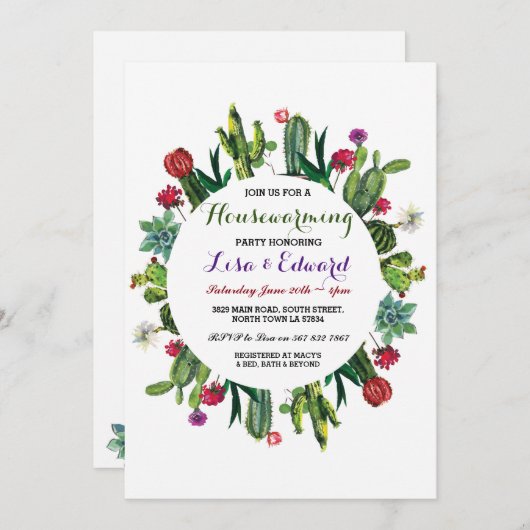 サボテンの引っ越し祝いパーティーのパーティーの招待のフェスタの新しい家 招待状 (正面/裏面)