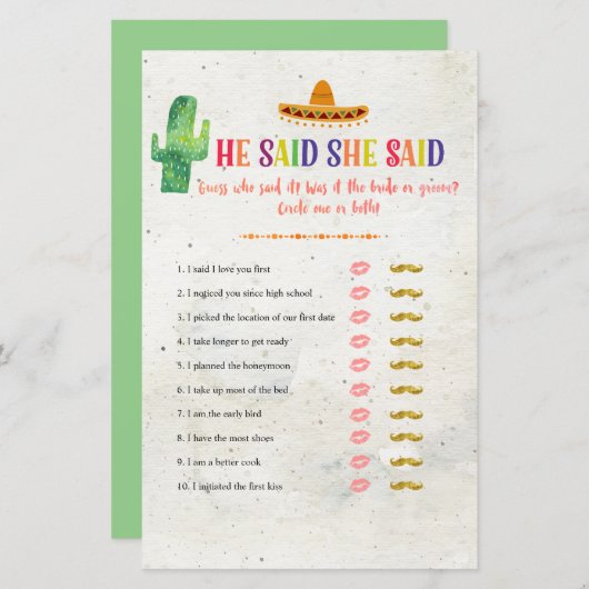 サボテンの彼は彼女はブライダルシャワーゲームカードを言った (正面/裏面)
