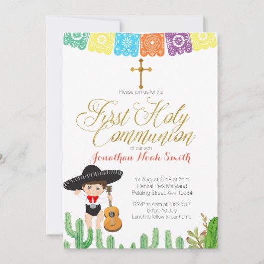 サボテンの最初聖餐式の招待状の男の子 招待状 (正面)