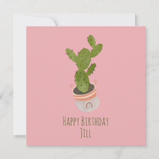 サボテンの植物 虹色のかご 手描き 誕生日 カード (正面)