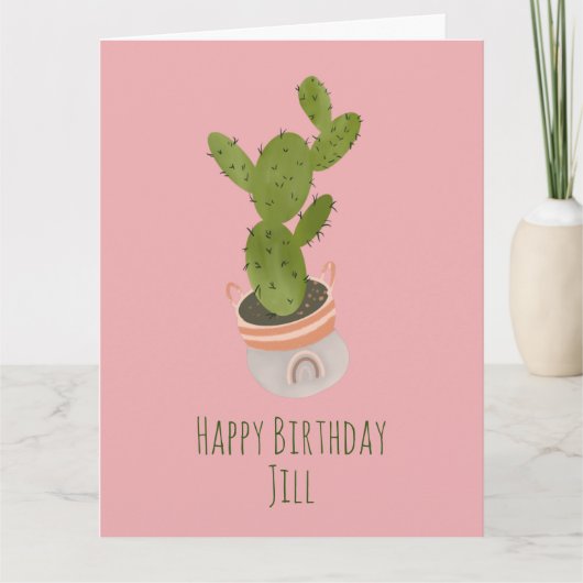 サボテンの植物 虹色のバスケット 手描き 誕生日 カード (正面)