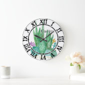 サボテンの水彩画のサボテンの花の花の砂漠のillu ラージ壁時計 (ホーム)