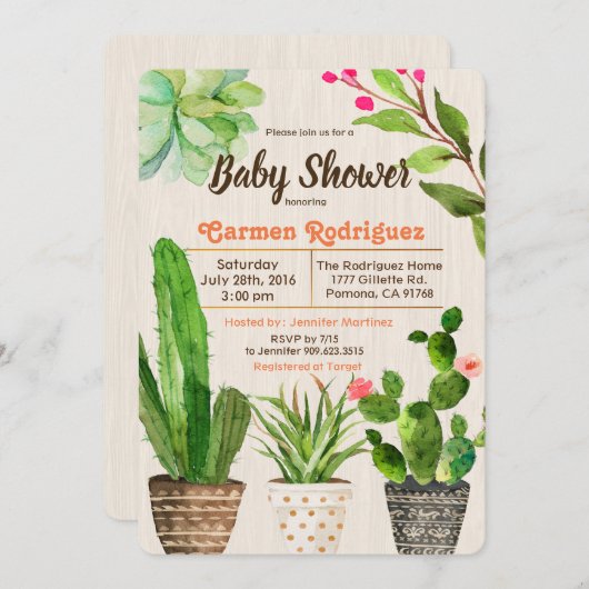 サボテンの水気が多い花のベビーシャワーの招待状 招待状 (正面/裏面)