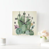 サボテンの水色のサボテン花フローラ砂漠の病気 スクエア壁時計 (ホーム)