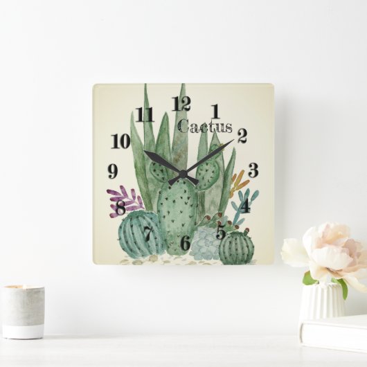 サボテンの水色のサボテン花フローラ砂漠の病気 スクエア壁時計 (ホーム)