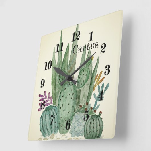 サボテンの水色のサボテン花フローラ砂漠の病気 スクエア壁時計 (傾斜)