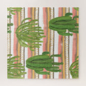 サボテンの水色、ストライプ背景、シームレスなパット ジグソーパズル (横)