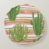 サボテンの水色、ストライプ背景、シームレスなパット ラウンドクッション (裏面)