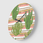 サボテンの水色、ストライプ背景、シームレスなパット ラージ壁時計 (傾斜)