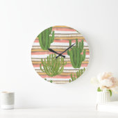 サボテンの水色、ストライプ背景、シームレスなパット ラージ壁時計 (ホーム)