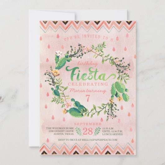 サボテンの砂漠のフェスタのバースデーパーティ招待状 招待状 (正面)