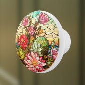サボテンの砂漠 ピンクの花 偽ステンドグラス セラミックノブ