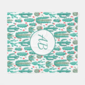 サボテンの緑の白いパタお洒落ンモノグラム フリースブランケット (正面(横))