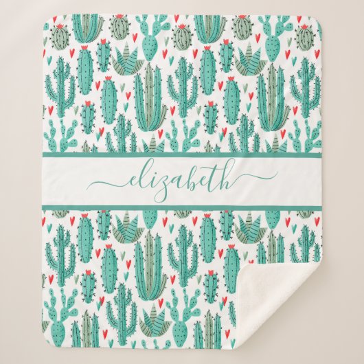 サボテンの緑の白いパターンのモノグラム シェルパブランケット (正面)
