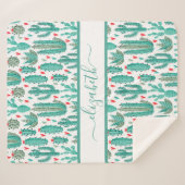 サボテンの緑の白いパターンのモノグラム シェルパブランケット (正面(横))