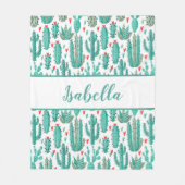 サボテンの緑の白いパターンのモノグラム フリースブランケット (正面)