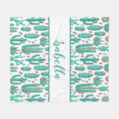 サボテンの緑の白いパターンのモノグラム フリースブランケット (正面(横))