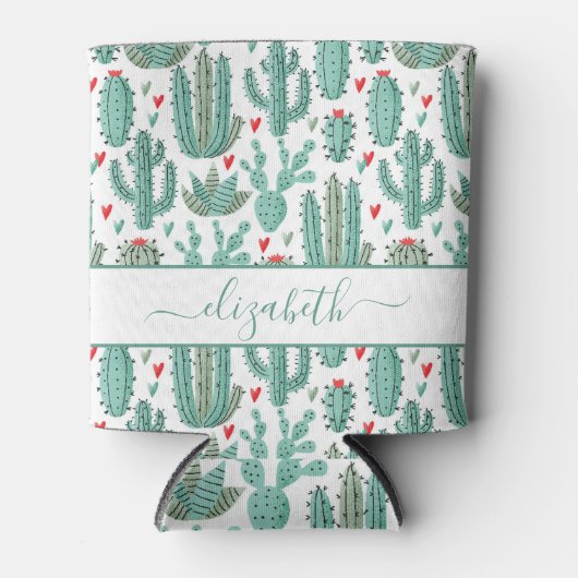 サボテンの緑の白い赤いパターン名 缶クーラー (正面)
