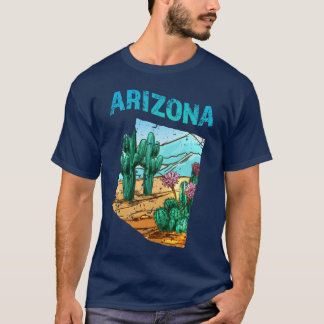 サボテンの花が咲くアリゾナ州地図の形 デザート Tシャツ