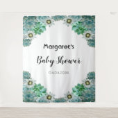 サボテンの花と多肉植物の白いベビーシャワー タペストリー (正面)