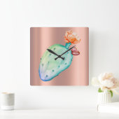 サボテンの花のばら色の金ゴールドの銅の赤面の水彩画 スクエア壁時計 (ホーム)