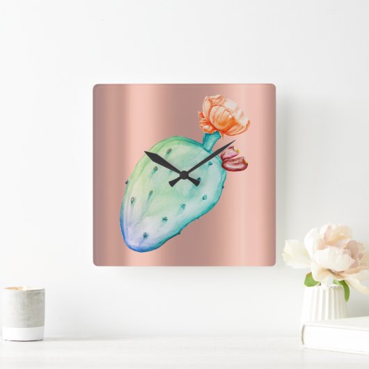 サボテンの花のばら色の金ゴールドの銅の赤面の水彩画 スクエア壁時計 (ホーム)