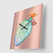 サボテンの花のばら色の金ゴールドの銅の赤面の水彩画 スクエア壁時計 (傾斜)