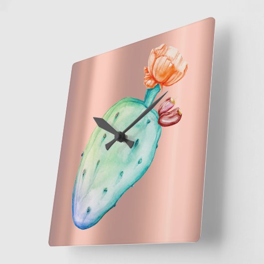 サボテンの花のばら色の金ゴールドの銅の赤面の水彩画 スクエア壁時計 (傾斜)
