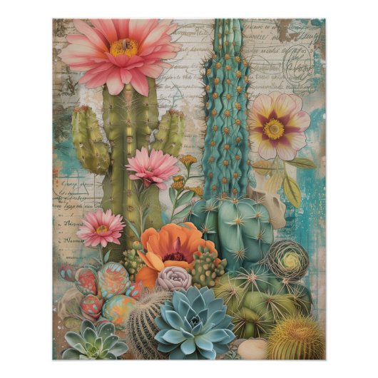 サボテンの花の砂漠の多肉植物 ポスター (正面)