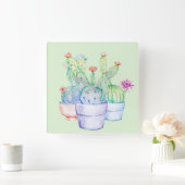 サボテンの花コーラルミントグリーンウォーターカラーピンク スクエア壁時計 (ホーム)