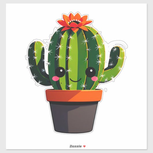 サボテンの花鉢植え かわいいキャラクター シール (シート)