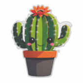 サボテンの花鉢植え かわいいキャラクター シール (正面)