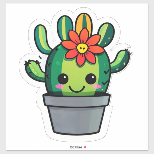 サボテンの花鉢植え かわいいキャラクター シール (シート)