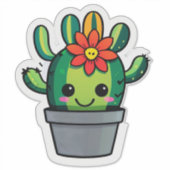 サボテンの花鉢植え かわいいキャラクター シール (正面)