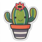 サボテンの花鉢植え かわいいキャラクター シール (正面)