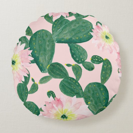 サボテンの花：水絵画色の ラウンドクッション (正面)