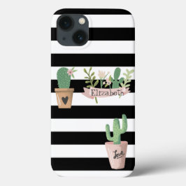 サボテンの花 黒 白 ストライプ柄 iPhone 13ケース
