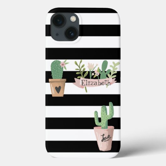 サボテンの花 黒 白 ストライプ柄 Case-Mate iPhoneケース (裏面)