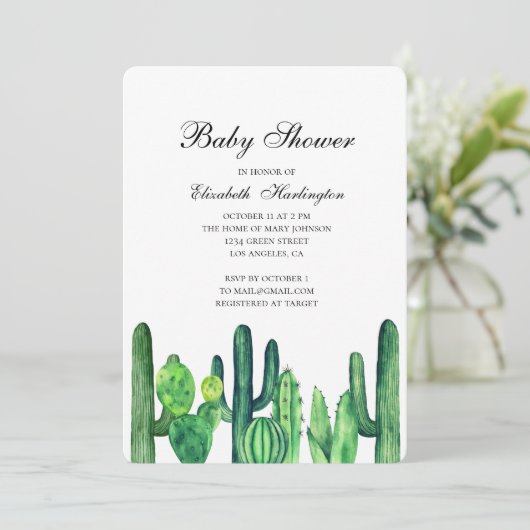 サボテンの赤ちゃんシャワーの招待状。緑のサボテン。モダン 招待状 (スタンド正面)