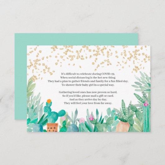 サボテンの金ゴールドグリッターの水彩ベビーシャワーインサート 招待状 (正面/裏面)
