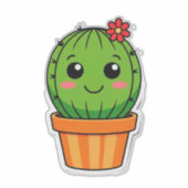 サボテンの鉢植えと花のかわいいキャラクター シール (正面)